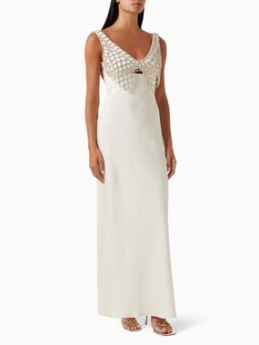 Self-Portrait Diamanté Bralette Maxi Dress in Cream Ivory Satin Rhinestone US 2